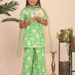 Cutiekins Girls Floral Printed Round Neck Gotta Patti Kurta With Palazzos & Dupatta-picture-45