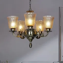 Fos Lighting Gold-Toned & Brown Textured Bell Shaped 5-Light Chandelier Ceiling Lamp image 4