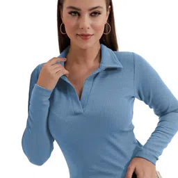 Maheshvi Women Ribbed Shirt Collar Fitted Top image 4