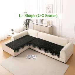 HOKIPO Black & Off White 2 Pieces Printed Plush L Shape 4 Seater Sofa Cover Seat Mat-image-11