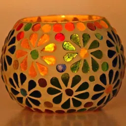 Somil Vibrant Multicolor Glass Candle Holder Add A Touch Of Magic To Diwali, Parties & Candlelight Dinners, Size-8.5 X 8.5 X 7 Cm Pack OF 5 image 3