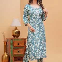 Fashion4word Ethnic Motifs Printed Thread Work Pure Cotton Kurta With Trousers image 3