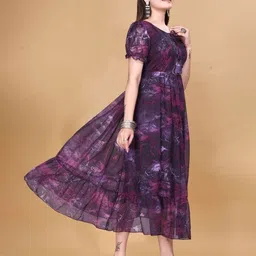 Zanies Printed Puff Sleeve Gathered or Pleated Georgette Fit & Flare Midi Dress image 2