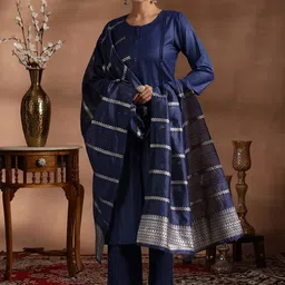 Libas Round Neck Pleated Straight Kurta with Trousers & Dupatta-image-72