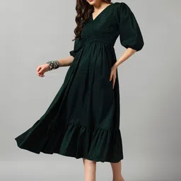 Raiyani Fashion Puff Sleeve Printed V-Neck Fit & Flare Flounce Midi Dress-image-0