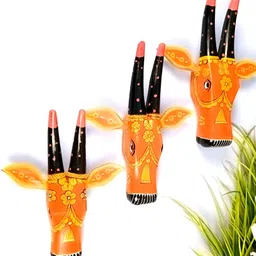 apka mart Red & Yellow 3 Pieces Cow Head Printed Wooden Wall Hangings-image-40