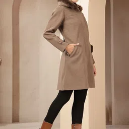 Nayam By Lakshita Women Tweed Long Coat with Fur Hood and Zip Closure image 3