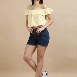 GLAM & CHIQUE Women Printed Off-Shoulder Flutter Sleeve Ruffles Bardot Crop Top image 5