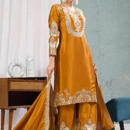 LEGEND WEAR Women Ethnic Motifs Embroidered Regular Kurta with Palazzos & With Dupatta image 4