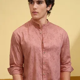 HIGHLANDER Men Relaxed Fit Band Collar Floral Printed Cotton Casual Shirt-picture-6