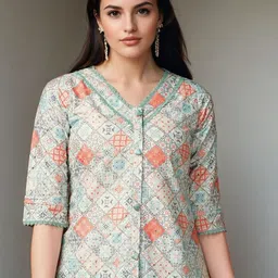 SZN Women Geometric Printed Embroidered V-Neck Shirt Style Top-image-3