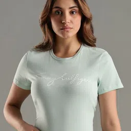 Tommy Hilfiger Women Brand Logo Printed Round Neck Cotton T-shirt-image-91