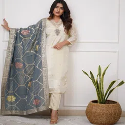 HERE&NOW Women Ethnic Motifs Embroidered Regular Sequinned Chanderi Silk Kurta with Trousers & With Dupatta-picture-47