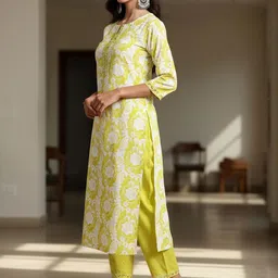 Indo Era Floral Printed Round Neck Thread Work Pure Cotton Straight Kurta With Trouser image 5