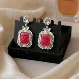 TESSARA Silver-Plated Kundan And Artificial Stones Studded Geometric Shaped Drop Earrings image 2