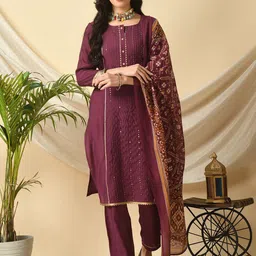 MEESAN Women Embroidered Regular Kurta with Trousers & With Dupatta-picture-26