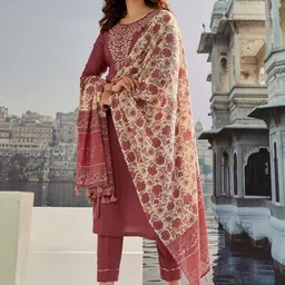 VS MALL Floral Embroidered Round Neck Thread Work Kurta With Trouser & Dupatta-picture-31