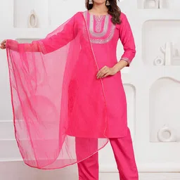 CELEBRAVO Embroidered Sequinned Notch Neck Straight Kurta With Trouser And Dupatta-picture-40