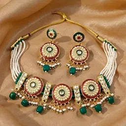 TESSARA Gold Plated Kundan Stone-Studded & Pearls Beaded Jewellery Set-picture-13