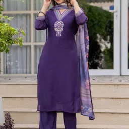 HERE&NOW Women Floral Embroidered Regular Thread Work Pure Cotton Kurta with Trousers & With Dupatta image 5