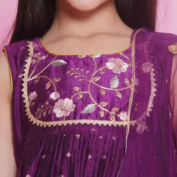 Little Bansi Girls Floral Embroidered Pure Silk Anarkali Kurta with Sharara & Dupatta image 2