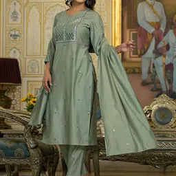 Juniper Floral Embroidered Round Neck Zari Straight With Trousers & Dupatta image 5
