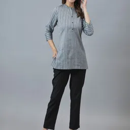 ETC X D To D Life Style Women Striped Mandarin Collar Cotton Tunic image 4
