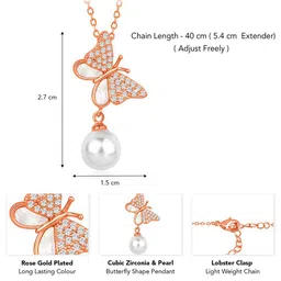Peora Rose Gold-Plated CZ -Studded & Pearls Beaded Butterfly Shaped Pendant With Chain image 3