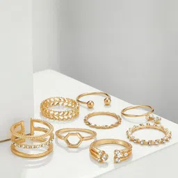 TheVineGirl Set Of 8 Gold Plated Crystals Studded Adjustable Finger Rings-picture-24