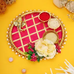 Aapno Rajasthan Aashi Gifts Pink Pooja Essential Round Designer Pooja Thali-picture-28