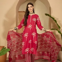 Sangria Women Floral Printed Regular Beads and Stones Kurta with Trousers & With Dupatta image 4