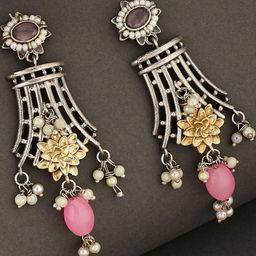 Anouk German Silver-Plated Stones Studded & Beaded Contemporary Shaped Drop Earrings-picture-5