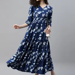 Femvy Women Floral Printed Smocked Tiered Fit And Flare Dress-image-44