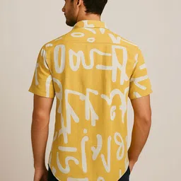 DYMORA Men Mustard Yellow Abstract Printed Cuban Collar Shirt image 2
