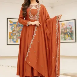 JISHNAM Women Ethnic Motifs Embroidered Panelled Thread Work Kurta with Trousers & With Dupatta image 5