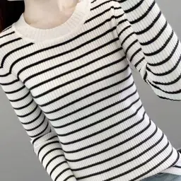 KPOP Women Striped Round Neck Long Sleeves Pullover-picture-34