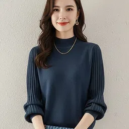 HERE&NOW Women Teal Solid Long Sleeve Turtle Neck Pullover-picture-35
