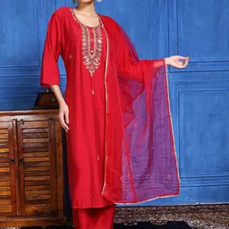 Meena Bazaar Ethnic Motifs Embroidered Mirror Work Kurta With Trousers & Dupatta-image-74