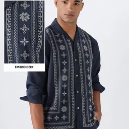 HAMPTONS Premium Geometric Embroidered Cuban Collar Cotton Casual Shirt image 4