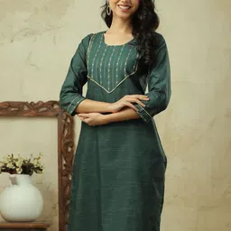 AUZAAI COLLECTION Selection Of 2 Ethnic Motifs Thread Work Cotton Straight Kurtas image 4