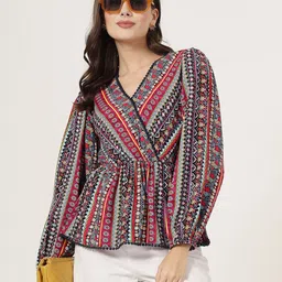 Style Quotient Geometric Print Bishop Sleeves Lace Top-picture-12