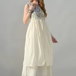 KALINI Floral Embroidered V-Neck Empire Thread Work Pure Cotton A-Line Kurta With Palazzos image 3