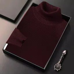 cat bunny Men Solid High Neck Maroon Sweater-picture-27