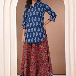 KANNAHI Women Ethnic Motifs Handblock Printed Regular Pure Cotton Kurta with Skirt-picture-36