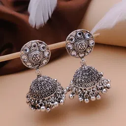 SOLIBELLE German Silver Rhodium Plated AD Studded And Ghungroo Beaded Dome Shaped Jhumkas image 3