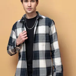 Foomer Men Cotton Checked Spread Collar Shirt image 5