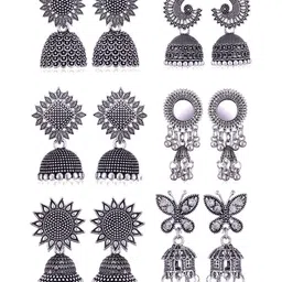 DIVASTRI Set Of 6 Silver-Plated Artificial Stones & Beaded Oxidised Jhumkas Earrings-image-10