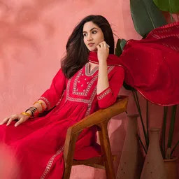 Sangria Red Floral Embroidered Notch-Neck Straight Kurta With Pant And Dupatta image 3