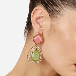 Zaveri Pearls Gold-Plated Enamelleld Stones Studded & Beaded Teardrop Shaped Drop Earrings image 2