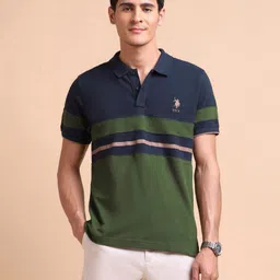 U.S. Polo Assn. Men Colourblocked Slim Fit Cotton Polo T-shirt image 5